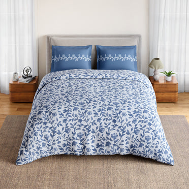 Spaces Rio Bloomscape 100% Cotton 132 TC Percale Floral Double Bedsheet with 2 Pillow Covers, Blue
