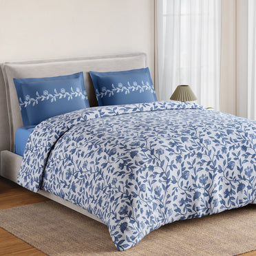 Spaces Rio Bloomscape 100% Cotton 132 TC Percale Floral Double Bedsheet with 2 Pillow Covers, Blue