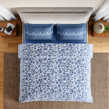 Spaces Rio Bloomscape 100% Cotton 132 TC Percale Floral Double Bedsheet with 2 Pillow Covers, Blue