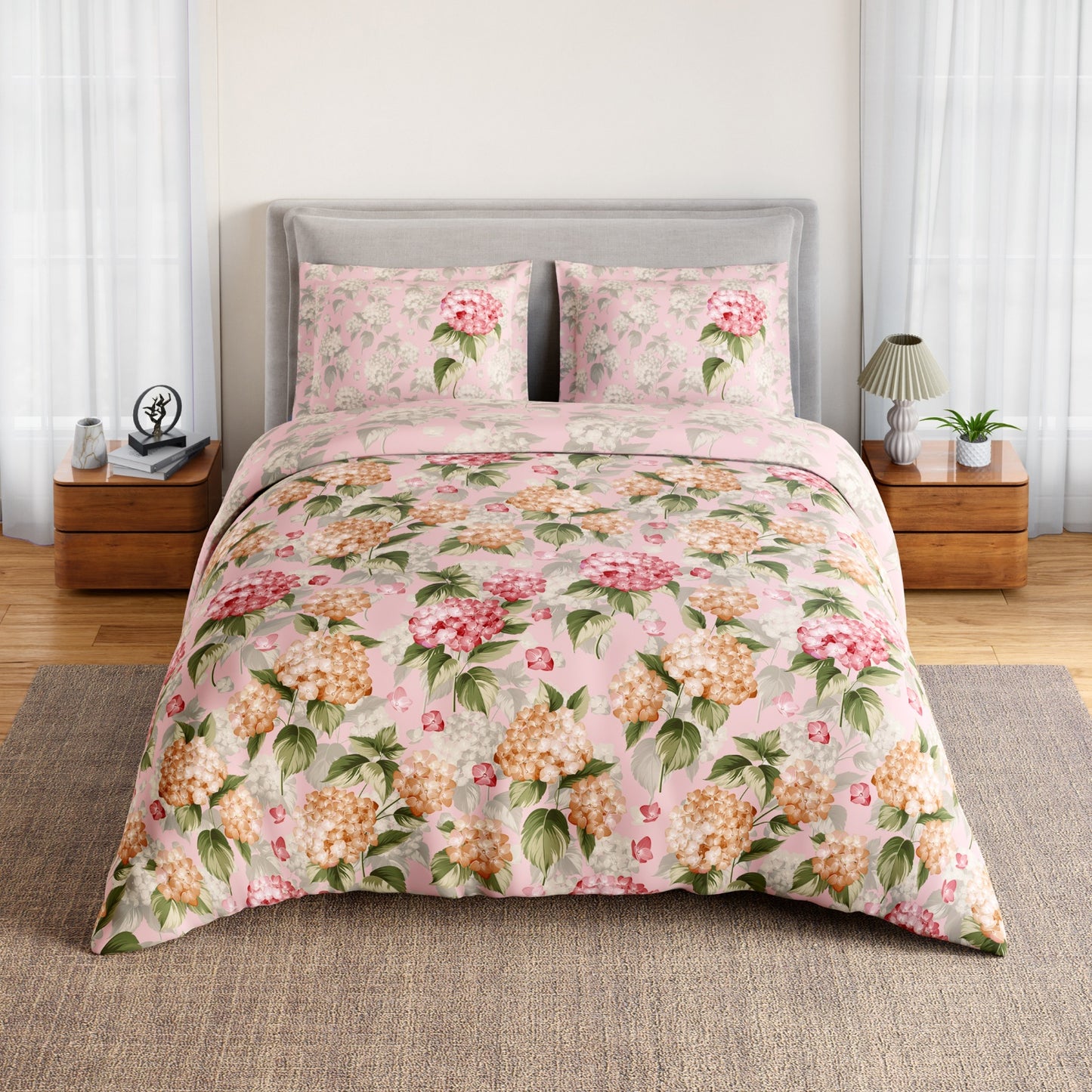 Spaces Rio Bloomscape 100% Cotton 132 TC Percale Floral Double Bedsheet with 2 Pillow Covers, Light Pink