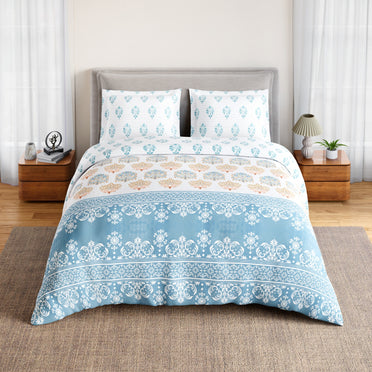 Spaces Summer Carvan 100% Cotton 132 TC Percale Ornate Double Bedsheet with 2 Pillow Covers, Cream