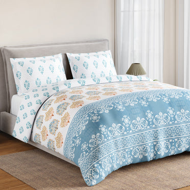 Spaces Summer Carvan 100% Cotton 132 TC Percale Ornate Double Bedsheet with 2 Pillow Covers, Cream