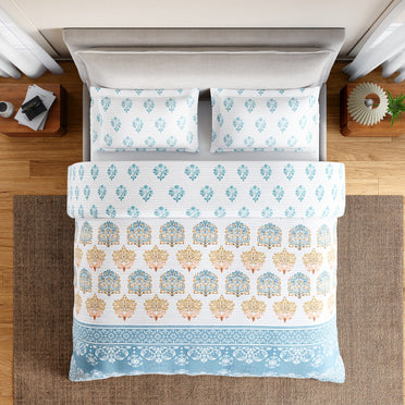 Spaces Summer Carvan 100% Cotton 132 TC Percale Ornate Double Bedsheet with 2 Pillow Covers, Cream