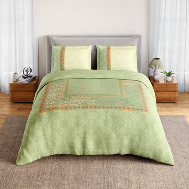 Spaces Summer Carvan 100% Cotton 132 TC Percale Ornate Double Bedsheet with 2 Pillow Covers, Light Green