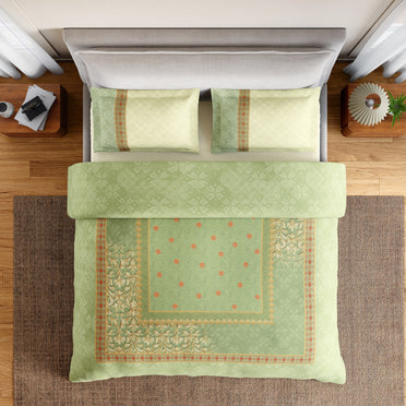 Spaces Summer Carvan 100% Cotton 132 TC Percale Ornate Double Bedsheet with 2 Pillow Covers, Light Green