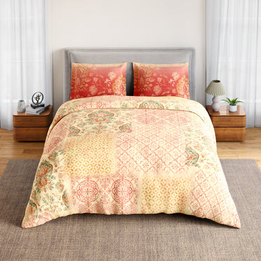 Spaces Summer Carvan 100% Cotton 132 TC Percale Ornate Double Bedsheet with 2 Pillow Covers, Light Peach
