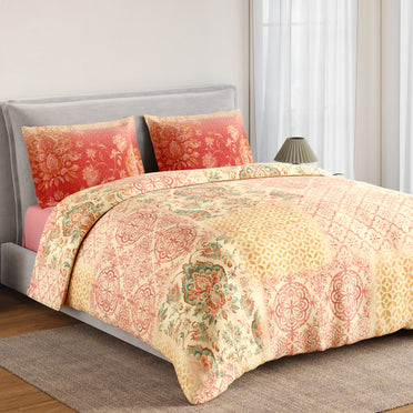 Spaces Summer Carvan 100% Cotton 132 TC Percale Ornate Double Bedsheet with 2 Pillow Covers, Light Peach