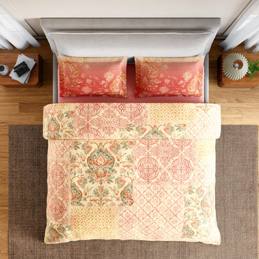 Spaces Summer Carvan 100% Cotton 132 TC Percale Ornate Double Bedsheet with 2 Pillow Covers, Light Peach