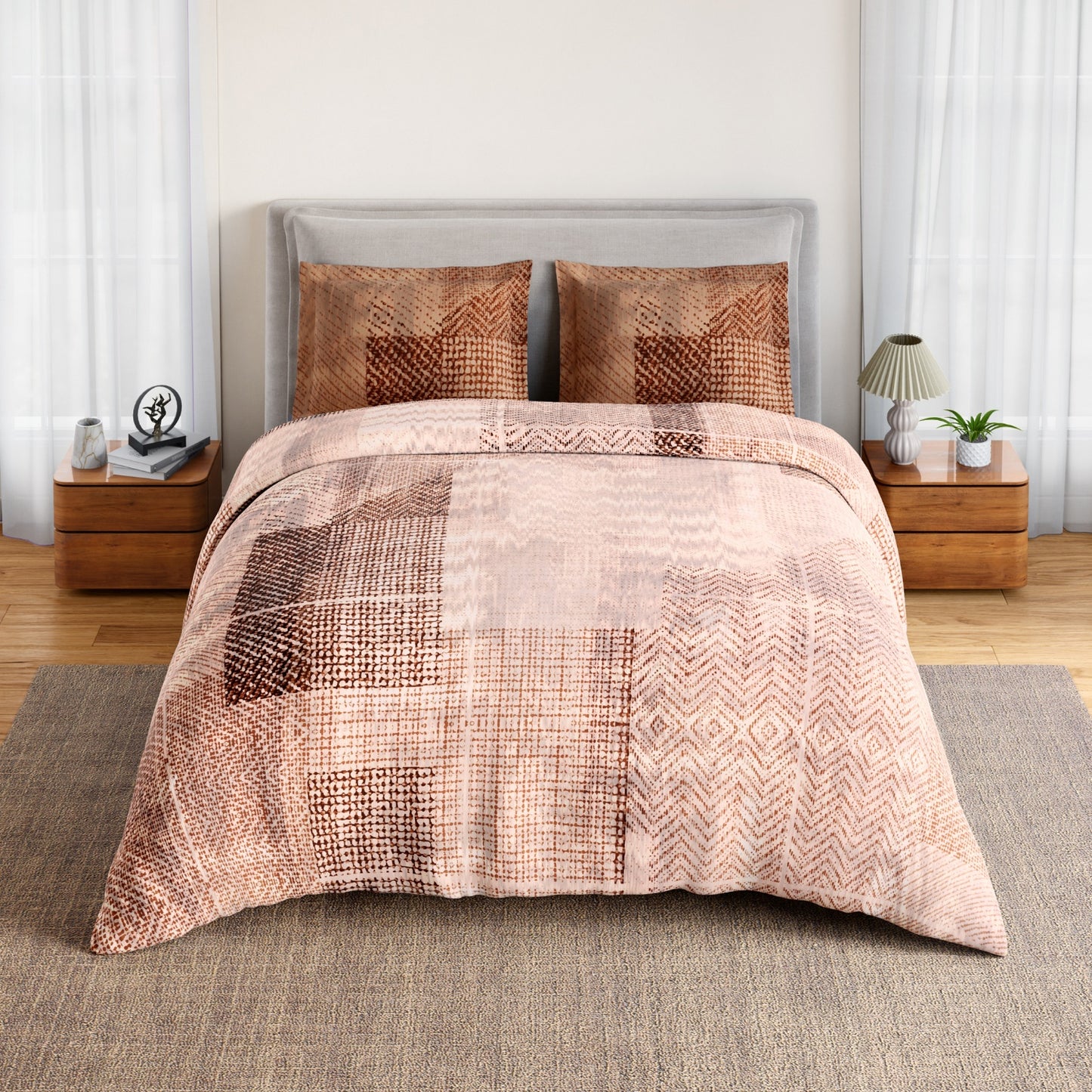 Spaces Geoform 100% Cotton 132 TC Percale Geometric Double Bedsheet with 2 Pillow Covers, Brown