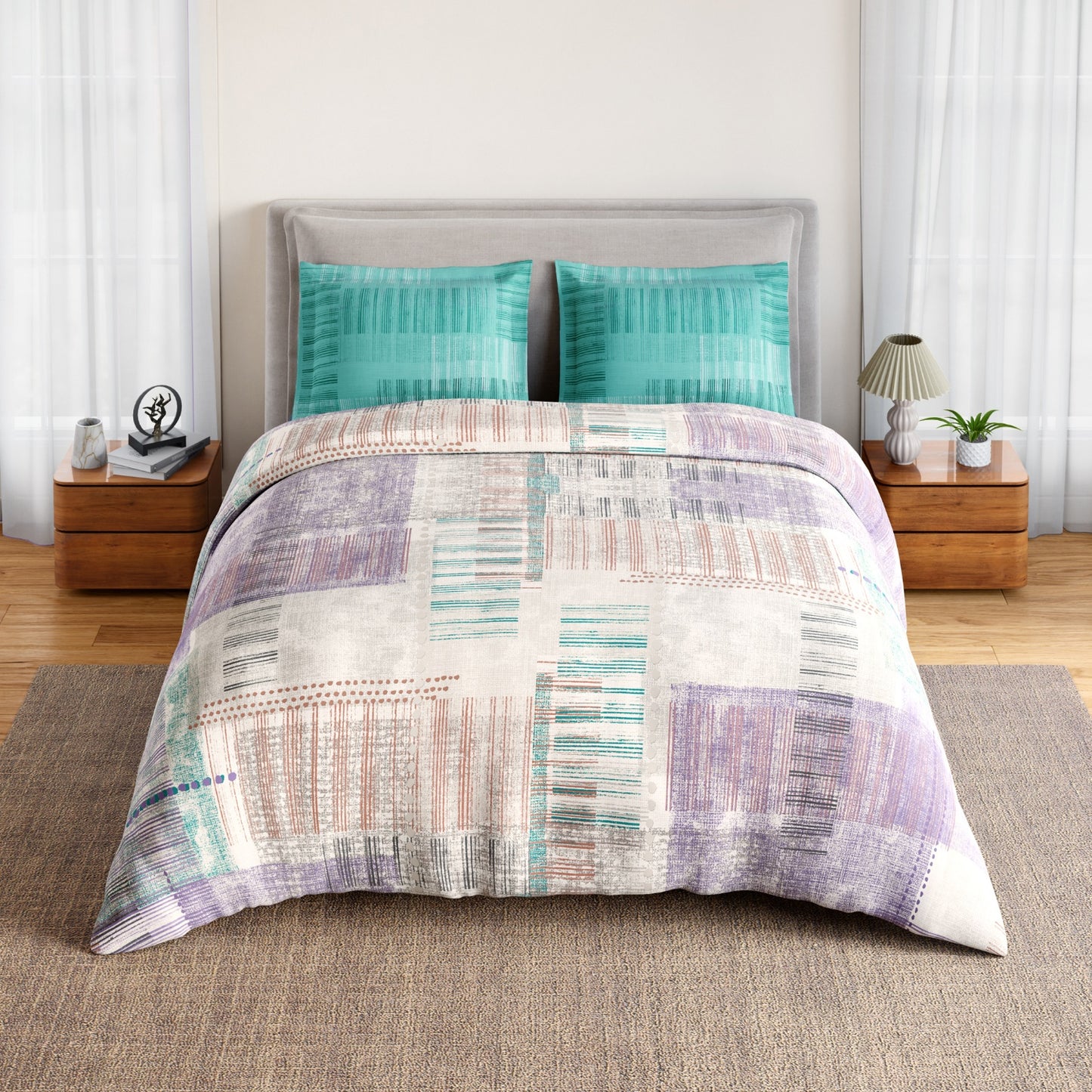 Spaces Geoform 100% Cotton 132 TC Percale Geometric Double Bedsheet with 2 Pillow Covers, Violet