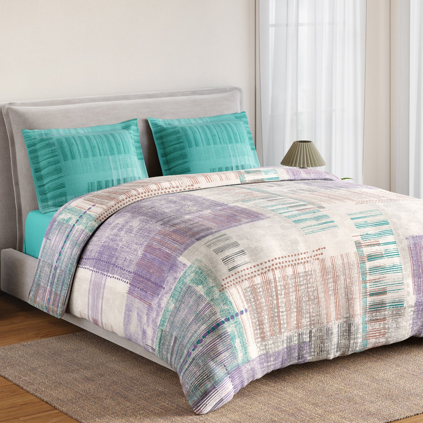 Spaces Geoform 100% Cotton 132 TC Percale Geometric Double Bedsheet with 2 Pillow Covers, Violet