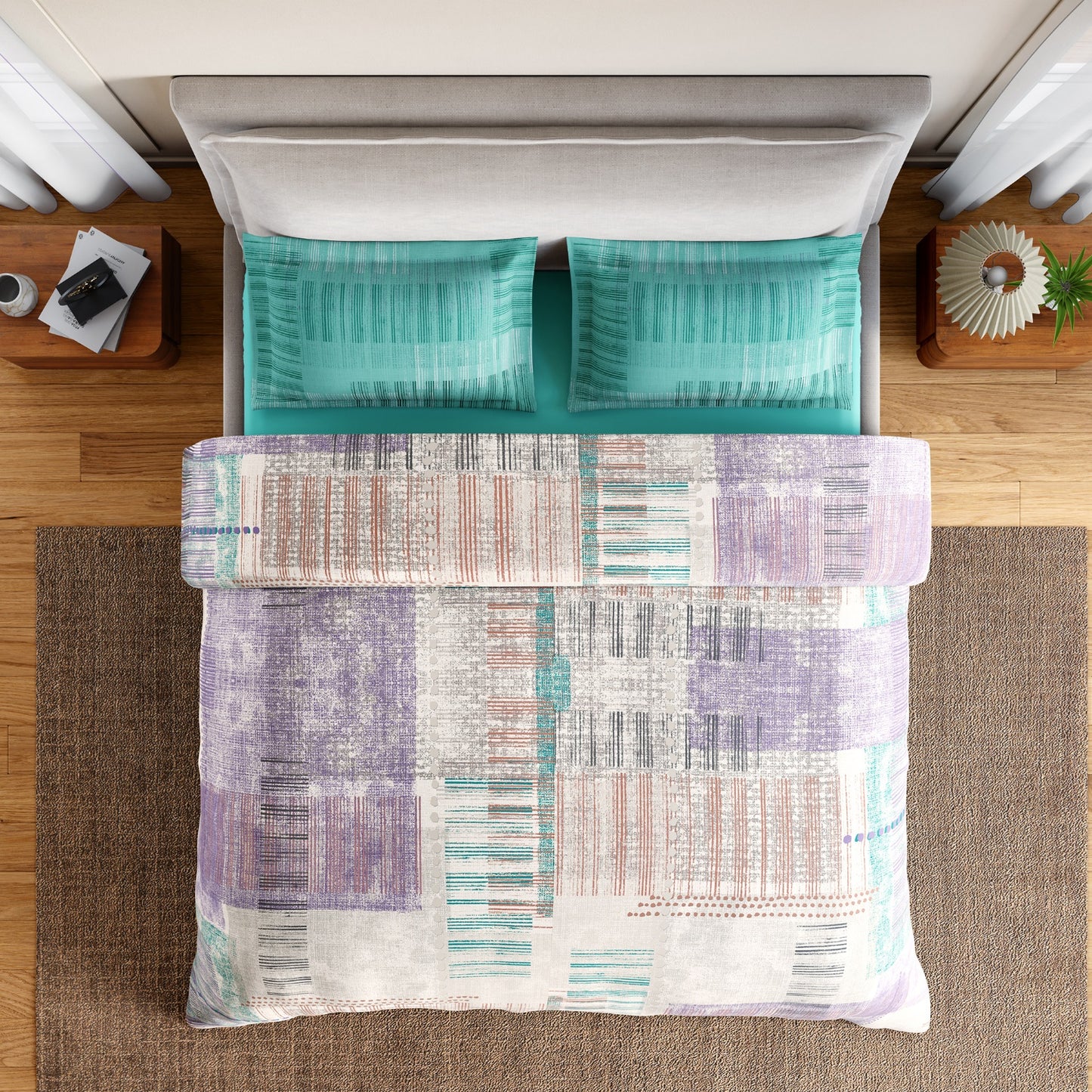 Spaces Geoform 100% Cotton 132 TC Percale Geometric Double Bedsheet with 2 Pillow Covers, Violet