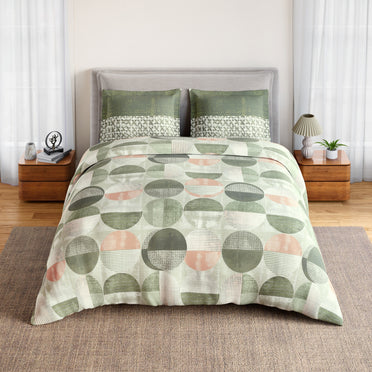 Spaces Geoform 100% Cotton 132 TC Percale Geometric Double Bedsheet with 2 Pillow Covers, Dark Green