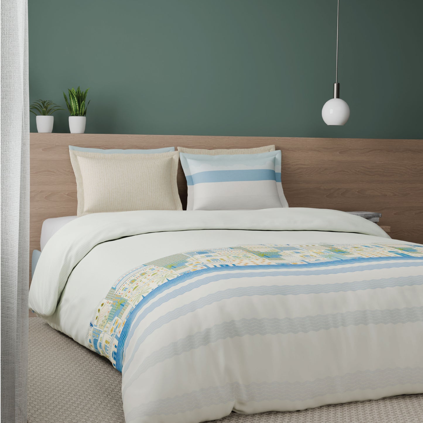 Spaces Riviera 100% Cotton 200 TC Percale Abstract Design Permium Large Bedsheet with 4 Pillow Covers, Light Blue