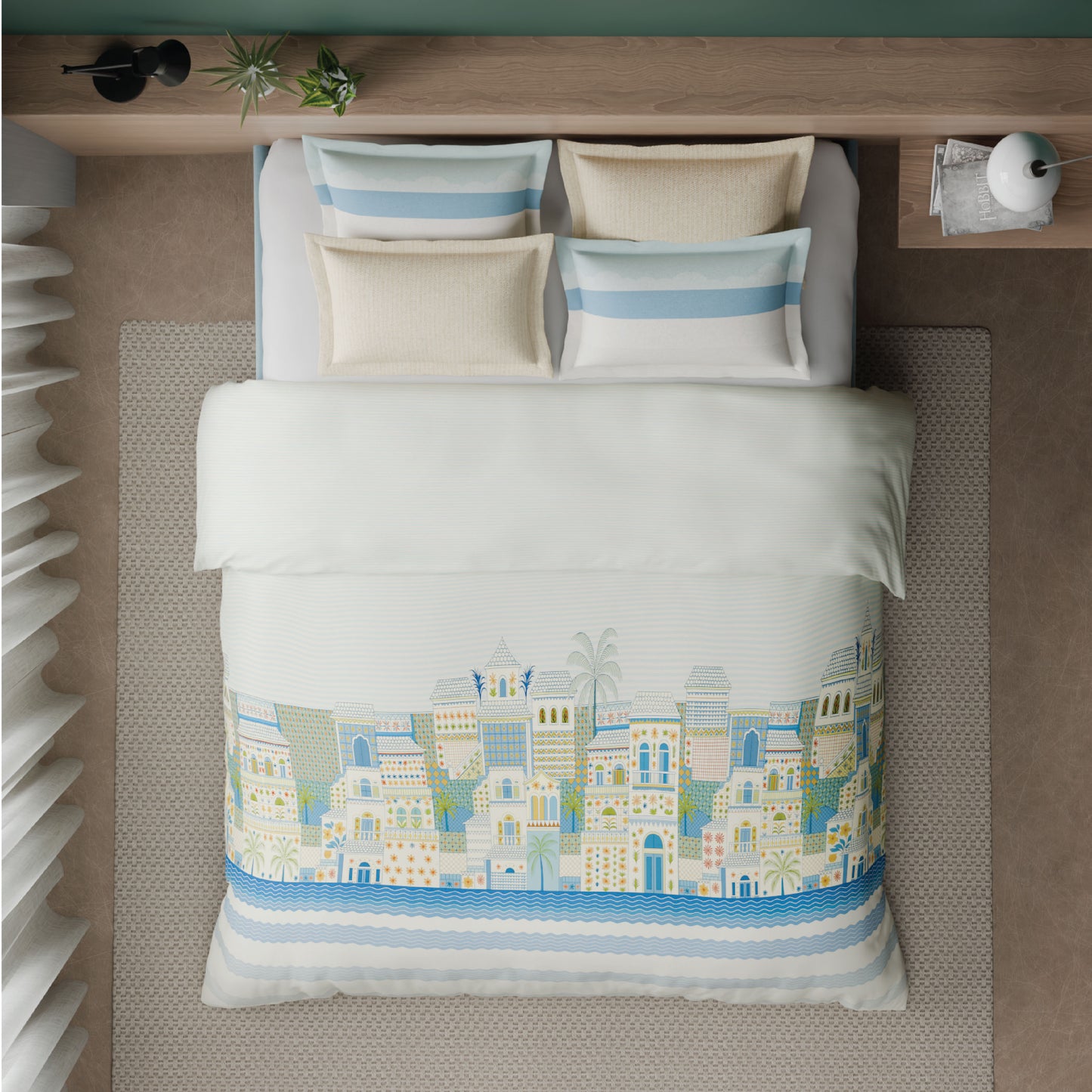 Spaces Riviera 100% Cotton 200 TC Percale Abstract Design Permium Large Bedsheet with 4 Pillow Covers, Light Blue