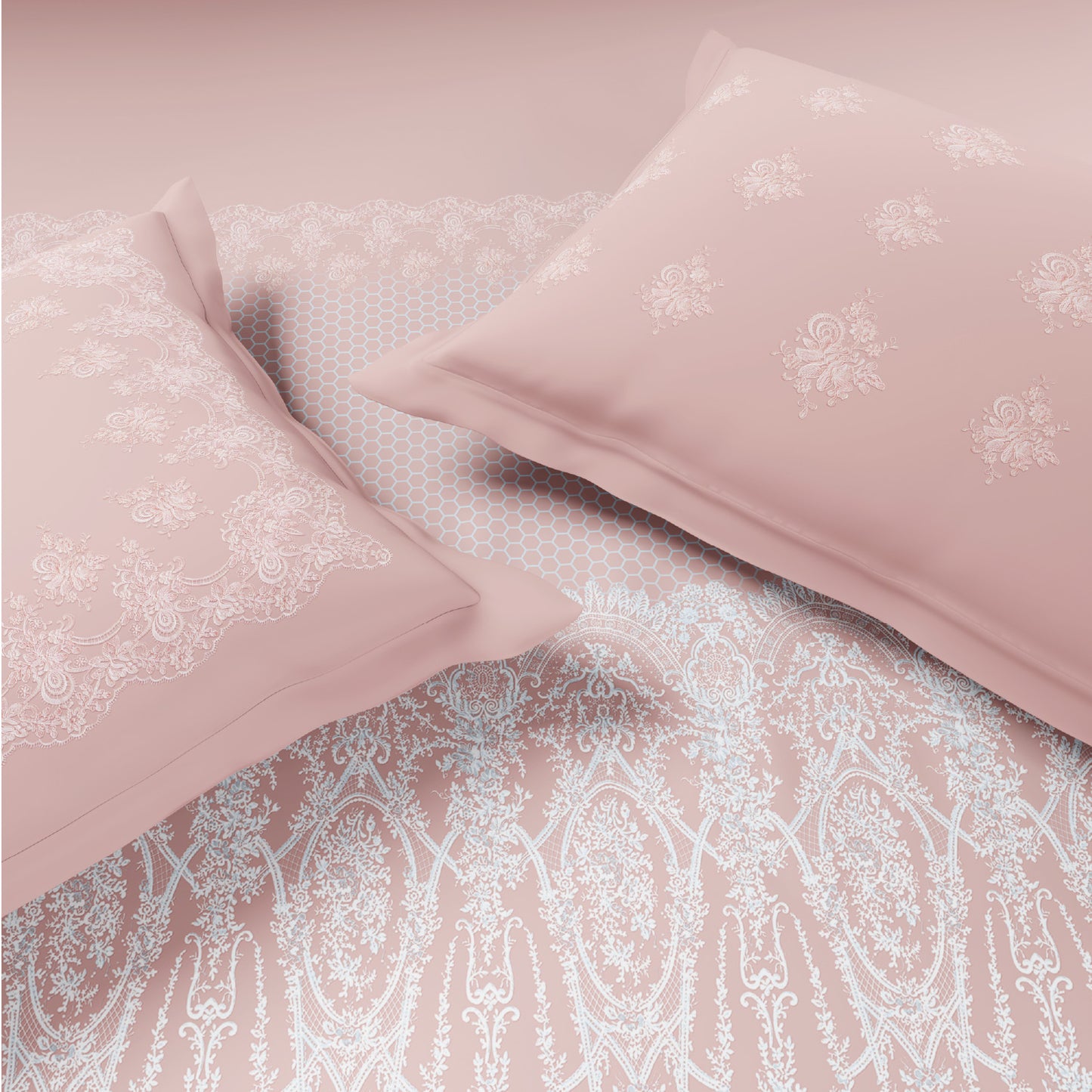 Spaces Meraki Forever Laces 100% Cotton 300 TC Sateen Ornate Design Permium Large Bedsheet with 4 Pillow Covers, Light Pink
