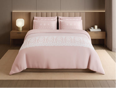 Spaces Meraki Forever Laces 100% Cotton 300 TC Sateen Ornate Design Permium Large Bedsheet with 4 Pillow Covers, Light Pink