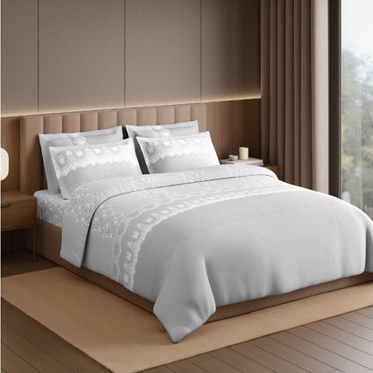 Spaces Meraki Forever Laces 100% Cotton 300 TC Sateen Ornate Design Permium Large Bedsheet with 4 Pillow Covers, Nimbus Cloud