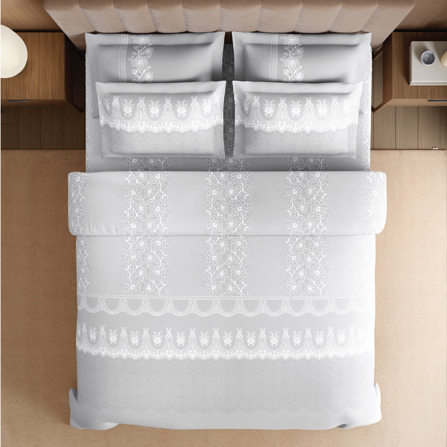 Spaces Meraki Forever Laces 100% Cotton 300 TC Sateen Ornate Design Permium Large Bedsheet with 4 Pillow Covers, Nimbus Cloud