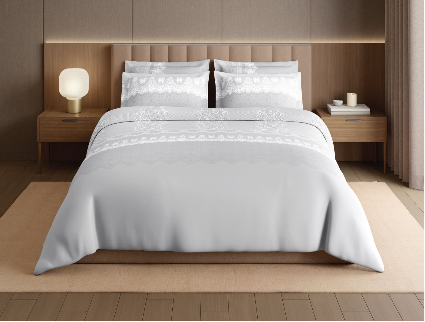 Spaces Meraki Forever Laces 100% Cotton 300 TC Sateen Ornate Design Permium Large Bedsheet with 4 Pillow Covers, Nimbus Cloud