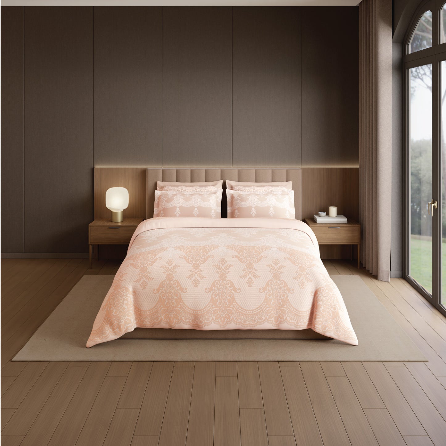 Spaces Meraki Forever Laces 100% Cotton 300 TC Sateen Ornate Design Permium Large Bedsheet with 4 Pillow Covers, Light Blush