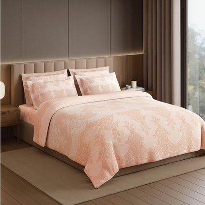 Spaces Meraki Forever Laces 100% Cotton 300 TC Sateen Ornate Design Permium Large Bedsheet with 4 Pillow Covers, Light Blush