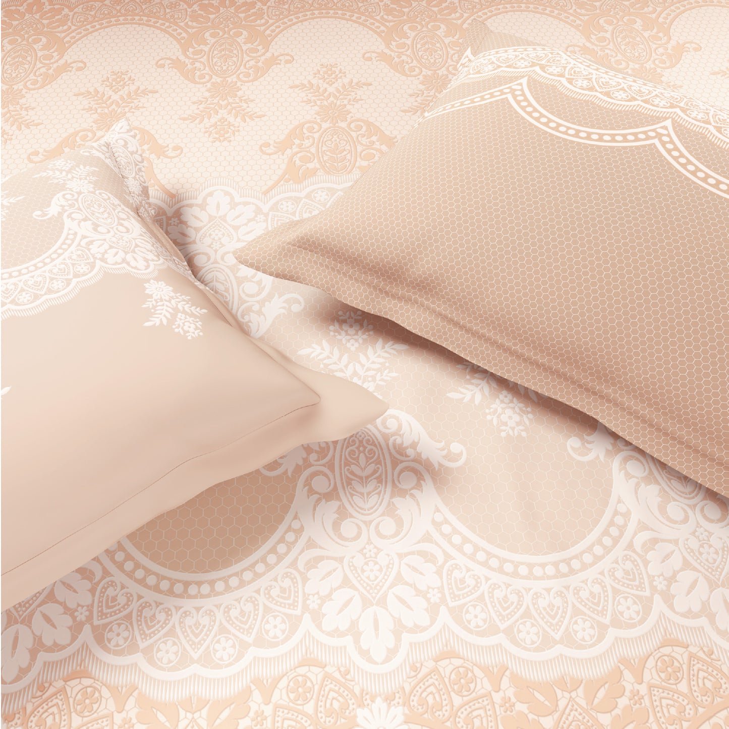 Spaces Meraki Forever Laces 100% Cotton 300 TC Sateen Ornate Design Permium Large Bedsheet with 4 Pillow Covers, Light Blush