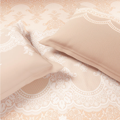 Spaces Meraki Forever Laces 100% Cotton 300 TC Sateen Ornate Design Permium Large Bedsheet with 4 Pillow Covers, Light Blush