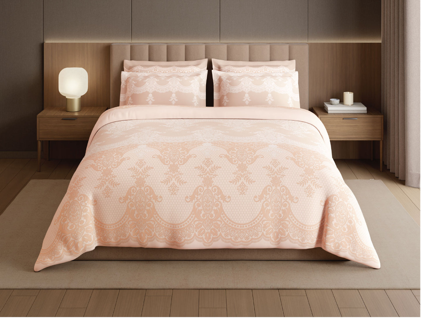Spaces Meraki Forever Laces 100% Cotton 300 TC Sateen Ornate Design Permium Large Bedsheet with 4 Pillow Covers, Light Blush
