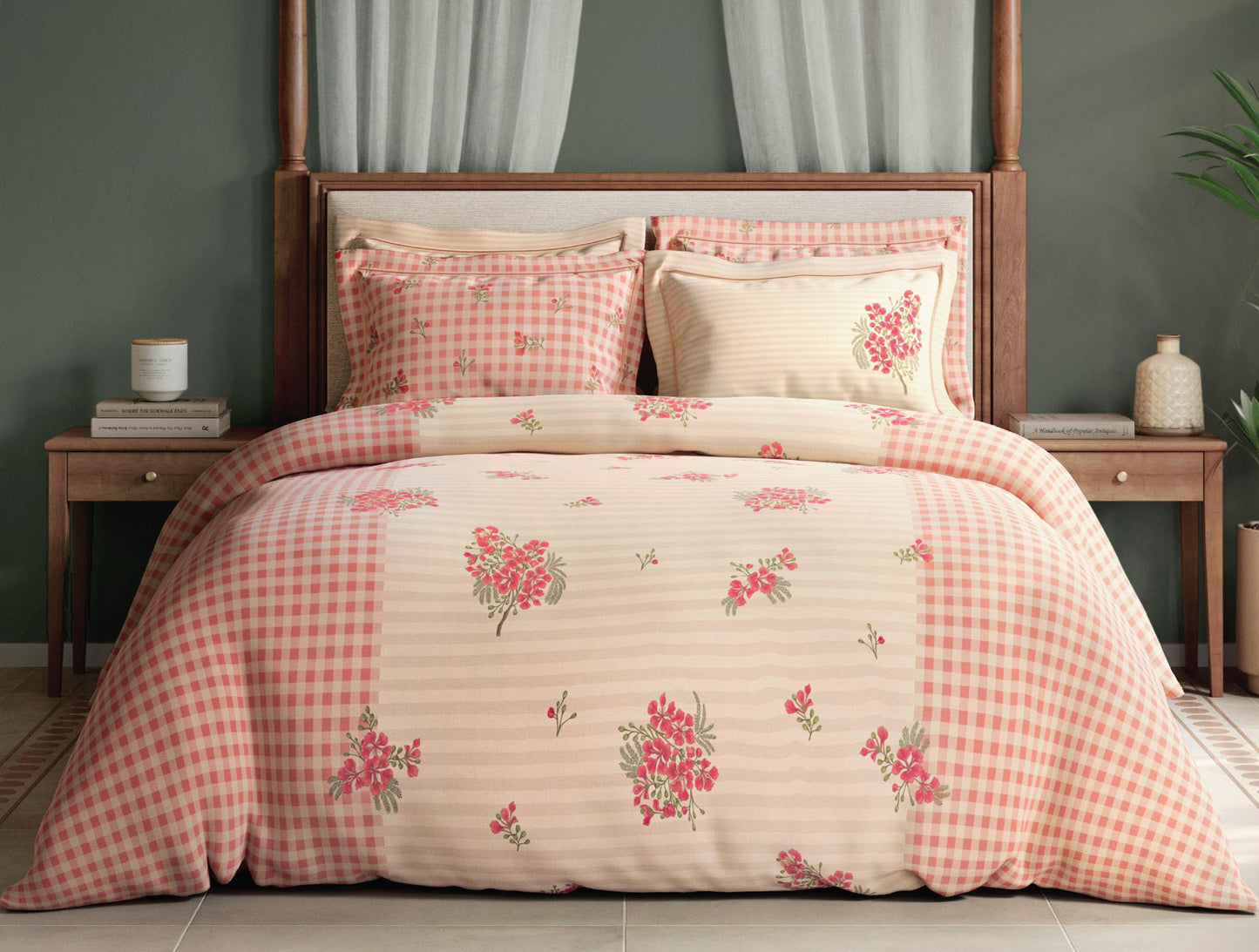 Spaces Meraki Blooms of India 100% Cotton 300 TC Sateen Floral Print Permium Large Bedsheet with 4 Pillow Covers, Light Taupe