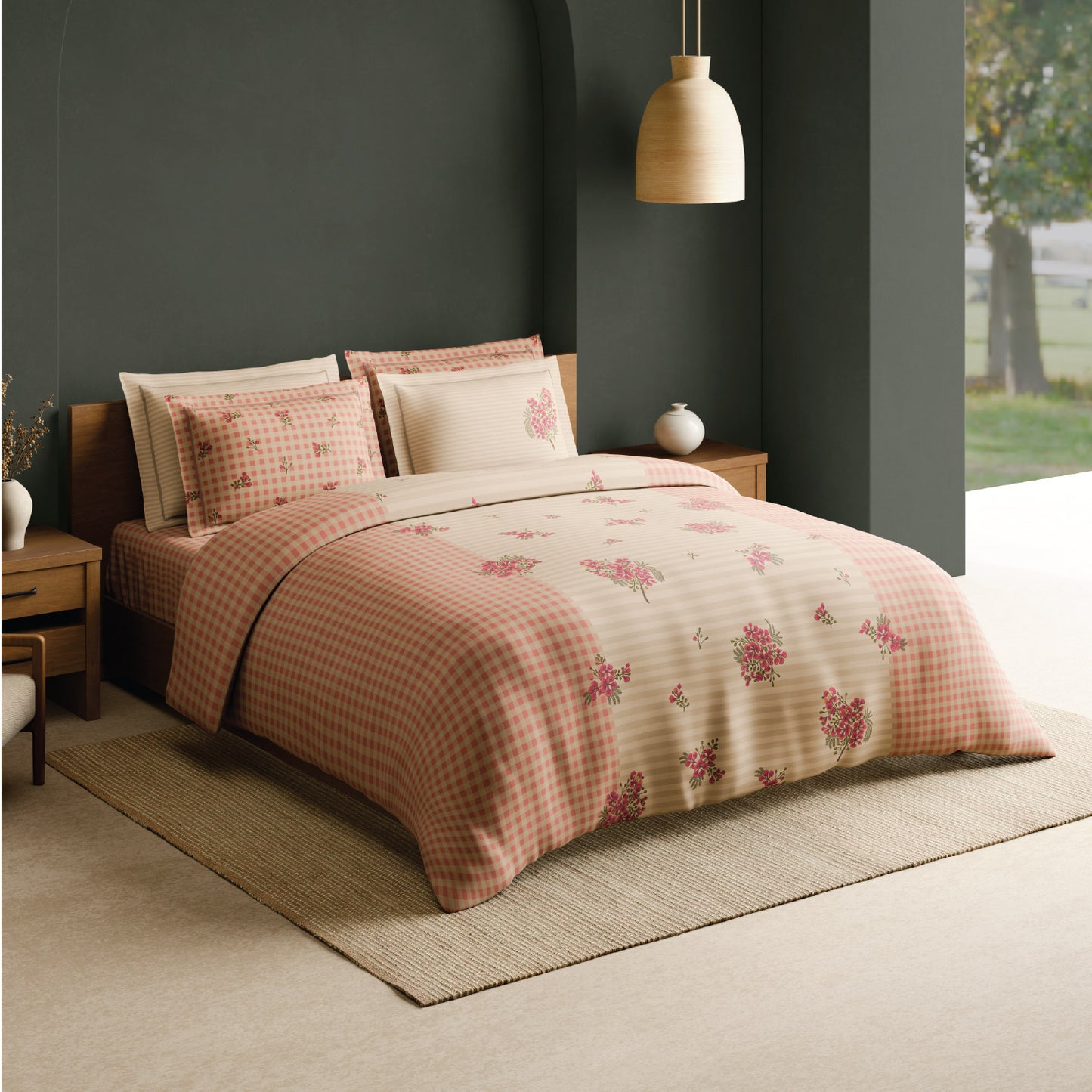 Spaces Meraki Blooms of India 100% Cotton 300 TC Sateen Floral Print Permium Large Bedsheet with 4 Pillow Covers, Light Taupe