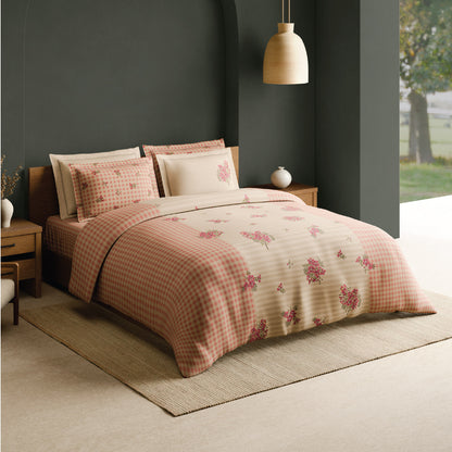 Spaces Meraki Blooms of India 100% Cotton 300 TC Sateen Floral Print Permium Large Bedsheet with 4 Pillow Covers, Light Taupe