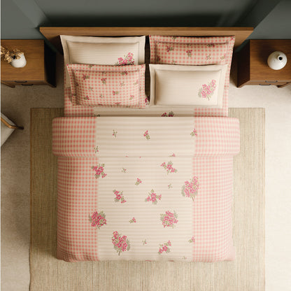 Spaces Meraki Blooms of India 100% Cotton 300 TC Sateen Floral Print Permium Large Bedsheet with 4 Pillow Covers, Light Taupe