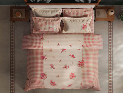 Spaces Meraki Blooms of India 100% Cotton 300 TC Sateen Floral Print Permium Large Bedsheet with 4 Pillow Covers, Light Taupe