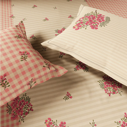 Spaces Meraki Blooms of India 100% Cotton 300 TC Sateen Floral Print Permium Large Bedsheet with 4 Pillow Covers, Light Taupe