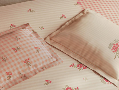 Spaces Meraki Blooms of India 100% Cotton 300 TC Sateen Floral Print Permium Large Bedsheet with 4 Pillow Covers, Light Taupe