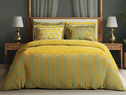 Spaces Meraki Blooms of India 100% Cotton 300 TC Sateen Floral Print Permium Large Bedsheet with 4 Pillow Covers, Light Yellow