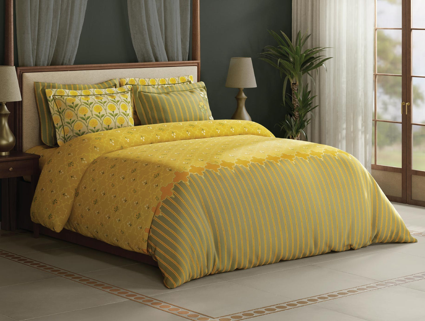 Spaces Meraki Blooms of India 100% Cotton 300 TC Sateen Floral Print Permium Large Bedsheet with 4 Pillow Covers, Light Yellow