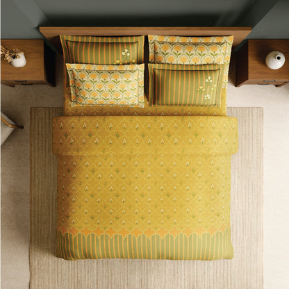 Spaces Meraki Blooms of India 100% Cotton 300 TC Sateen Floral Print Permium Large Bedsheet with 4 Pillow Covers, Light Yellow