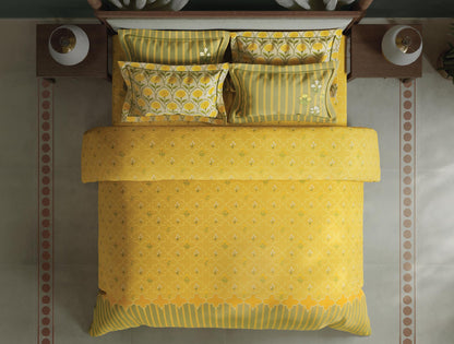 Spaces Meraki Blooms of India 100% Cotton 300 TC Sateen Floral Print Permium Large Bedsheet with 4 Pillow Covers, Light Yellow