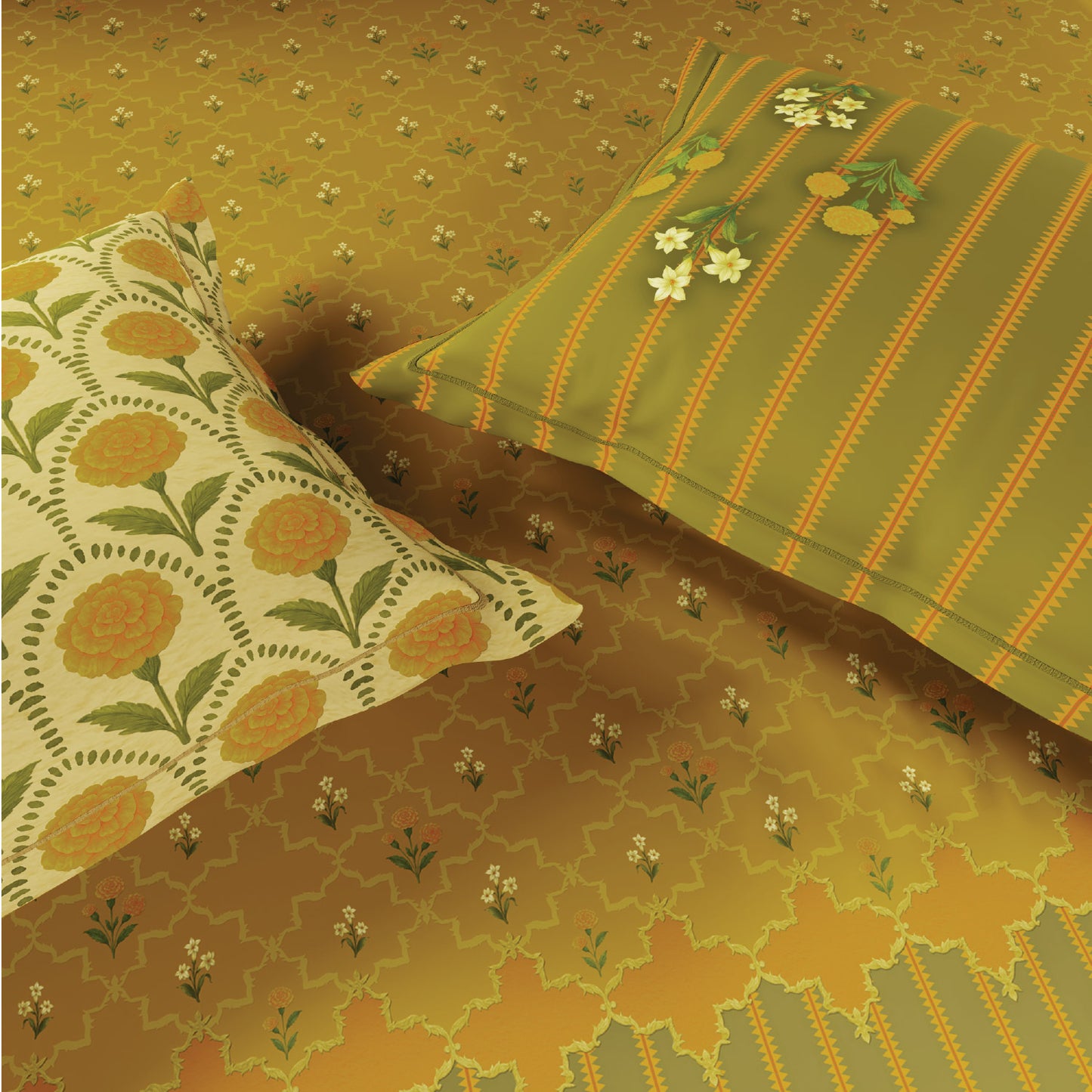 Spaces Meraki Blooms of India 100% Cotton 300 TC Sateen Floral Print Permium Large Bedsheet with 4 Pillow Covers, Light Yellow