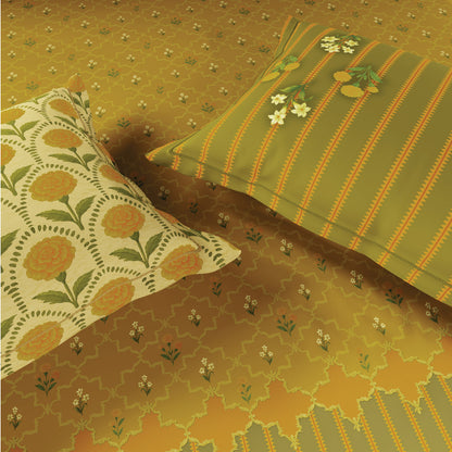 Spaces Meraki Blooms of India 100% Cotton 300 TC Sateen Floral Print Permium Large Bedsheet with 4 Pillow Covers, Light Yellow