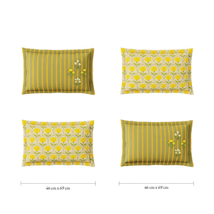 Spaces Meraki Blooms of India 100% Cotton 300 TC Sateen Floral Print Permium Large Bedsheet with 4 Pillow Covers, Light Yellow