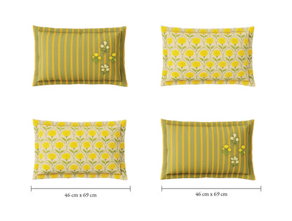 Spaces Meraki Blooms of India 100% Cotton 300 TC Sateen Floral Print Permium Large Bedsheet with 4 Pillow Covers, Light Yellow