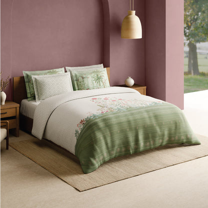 Spaces Meraki Blooms of India 100% Cotton 300 TC Sateen Floral Print Permium Large Bedsheet with 4 Pillow Covers, Star White