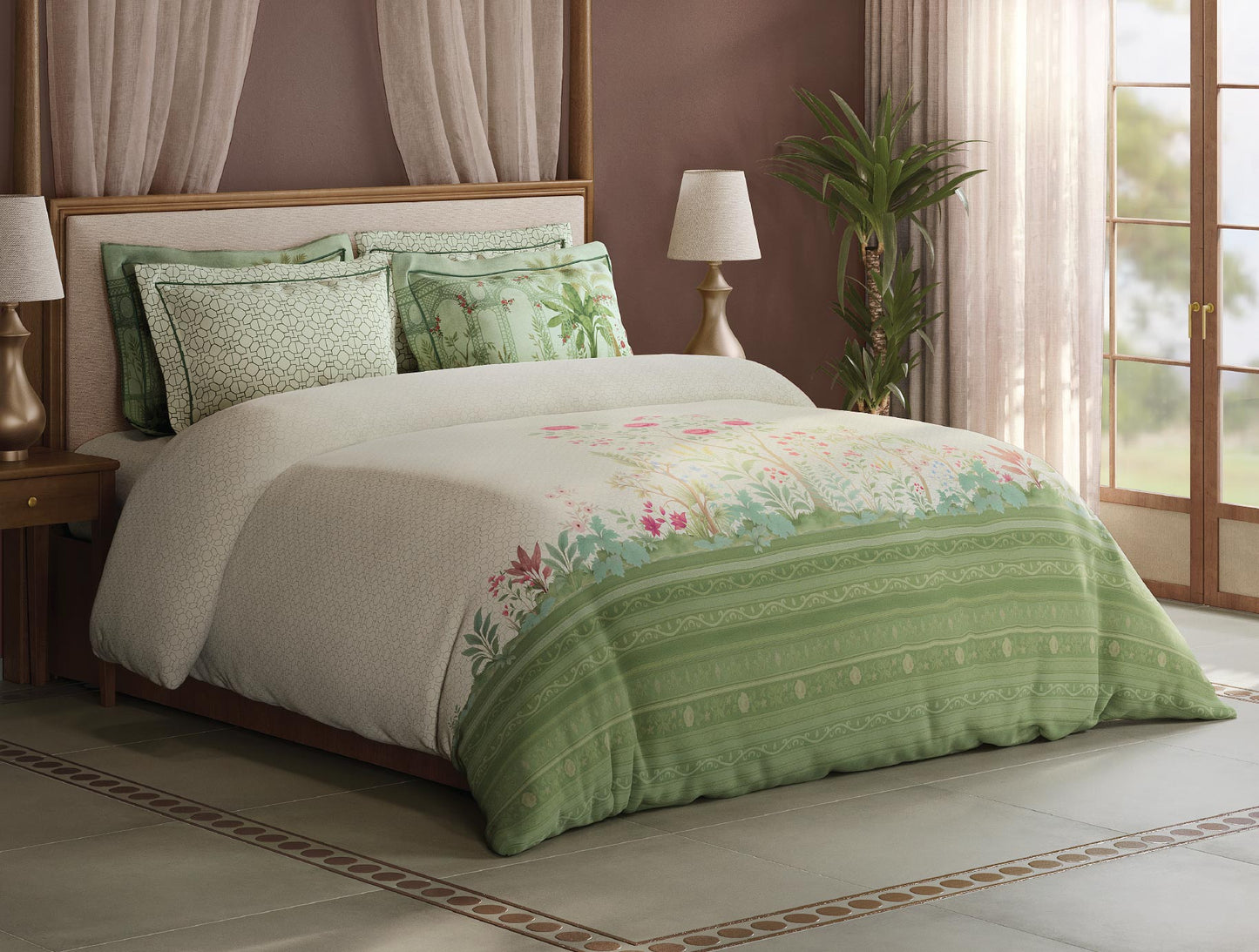 Spaces Meraki Blooms of India 100% Cotton 300 TC Sateen Floral Print Permium Large Bedsheet with 4 Pillow Covers, Star White