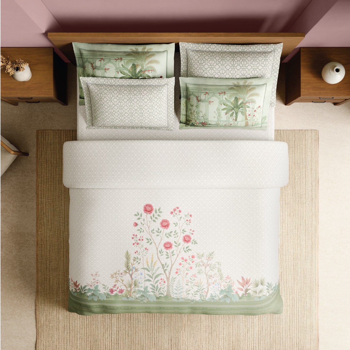 Spaces Meraki Blooms of India 100% Cotton 300 TC Sateen Floral Print Permium Large Bedsheet with 4 Pillow Covers, Star White