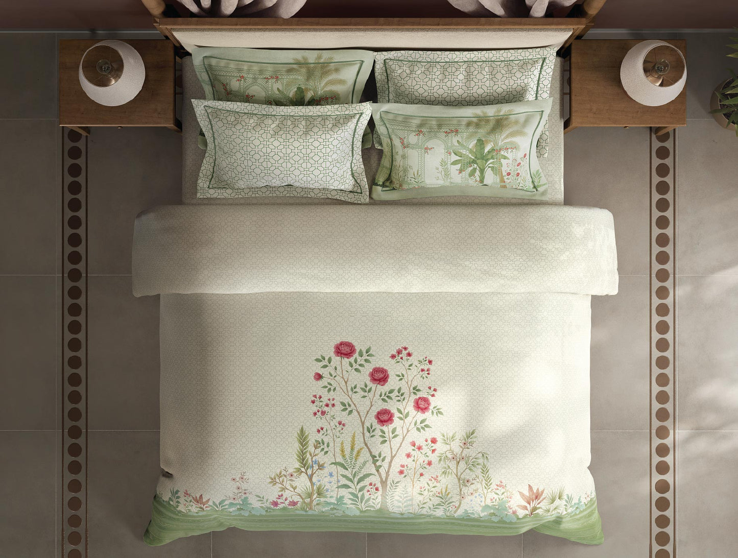 Spaces Meraki Blooms of India 100% Cotton 300 TC Sateen Floral Print Permium Large Bedsheet with 4 Pillow Covers, Star White