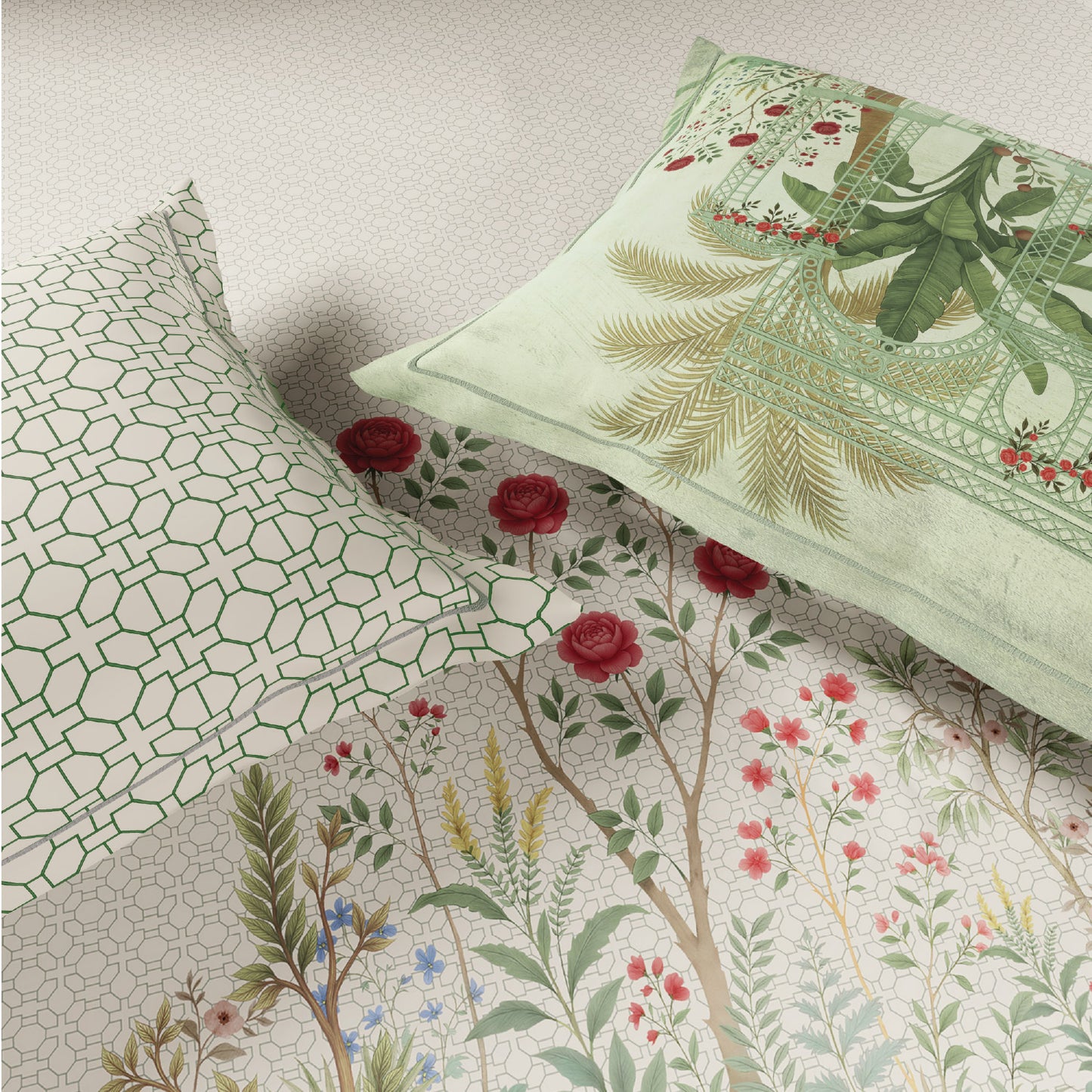 Spaces Meraki Blooms of India 100% Cotton 300 TC Sateen Floral Print Permium Large Bedsheet with 4 Pillow Covers, Star White