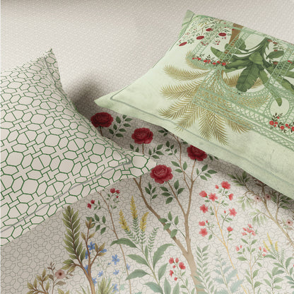 Spaces Meraki Blooms of India 100% Cotton 300 TC Sateen Floral Print Permium Large Bedsheet with 4 Pillow Covers, Star White